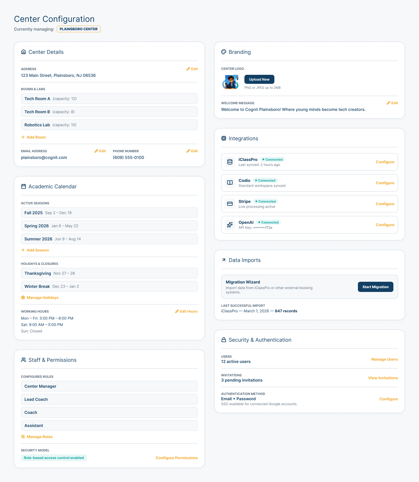 Center Configuration view showing Center details, rooms, academic calendar, working hours, staff roles, branding, connection settings, data imports, and authentication settings.