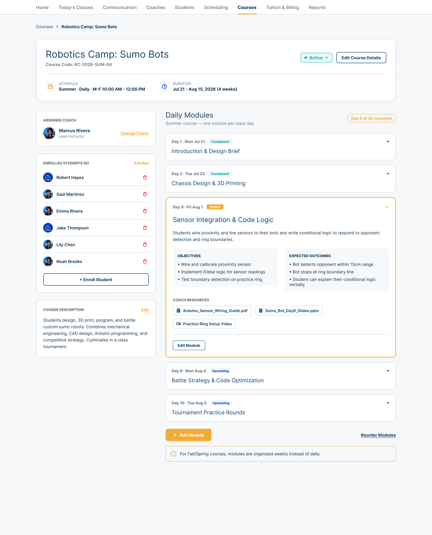 Center course detail showing schedule and duration, assigned Coach, enrolled Students, description, daily modules, objectives, expected outcomes, and Coach resources.