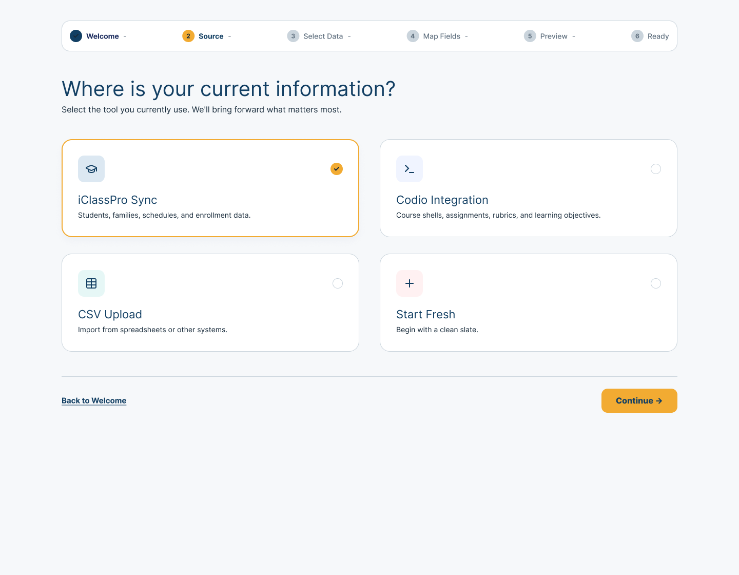 Guided Center setup source-selection step with choices for an existing system, a coding environment, a CSV upload, or starting fresh.