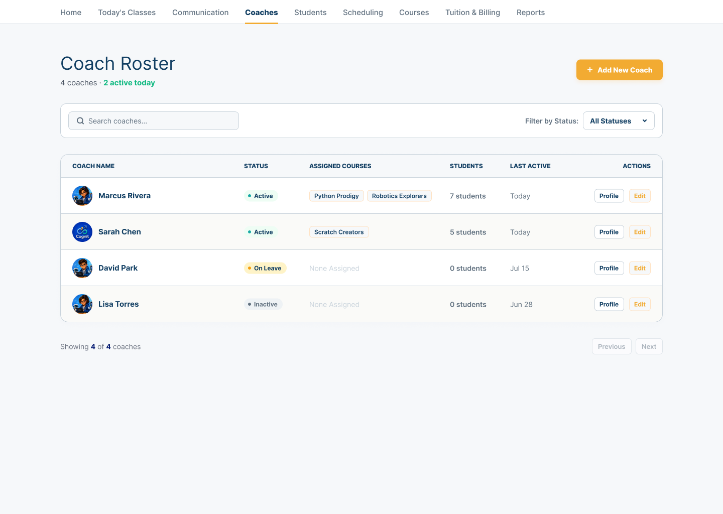 Center Coach roster showing active, leave, and inactive status, assigned courses, Student load, recent activity, and profile actions.