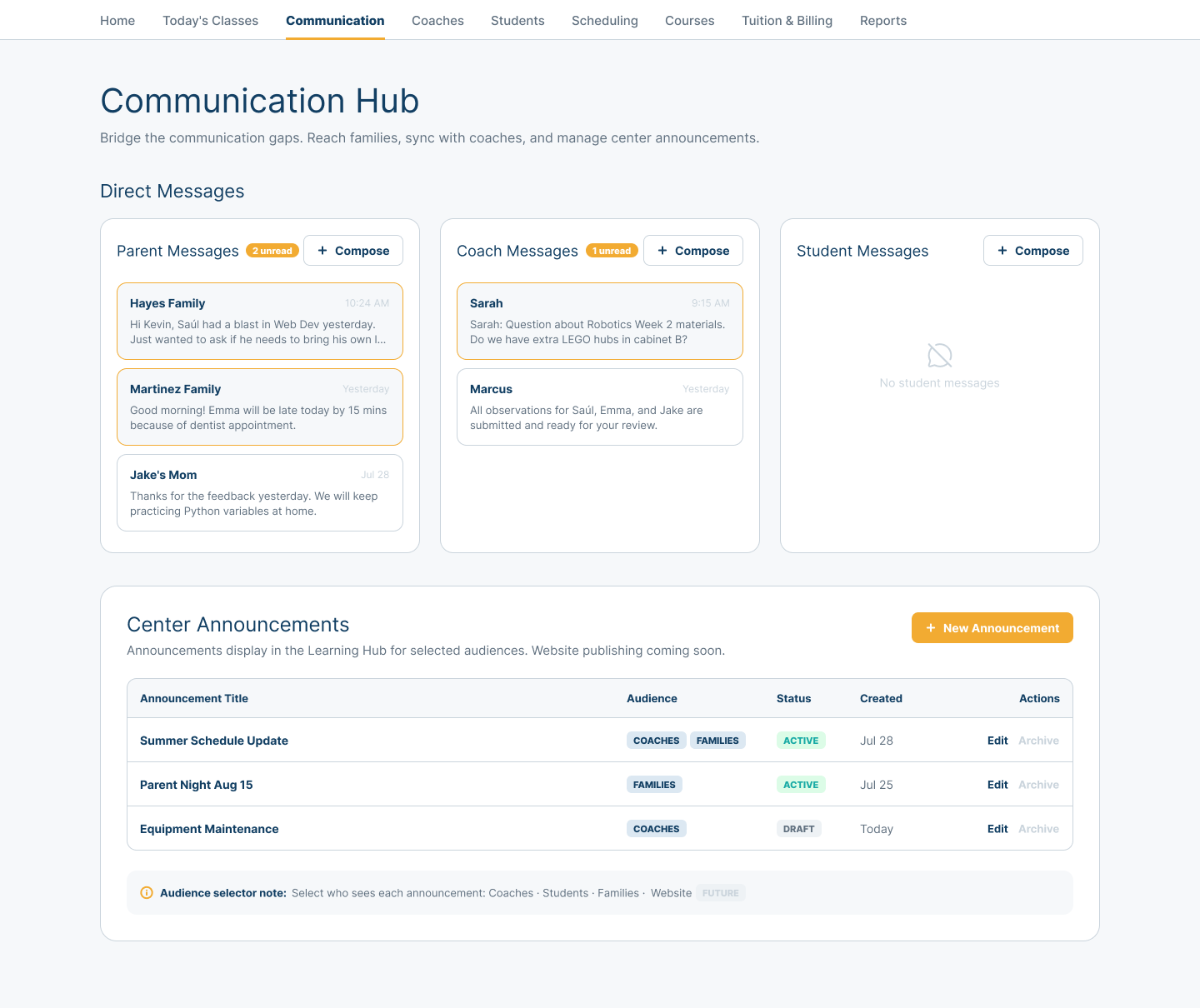 Center Communication Hub showing Family, Coach, and Student message areas plus Center announcements with selected audiences and status.