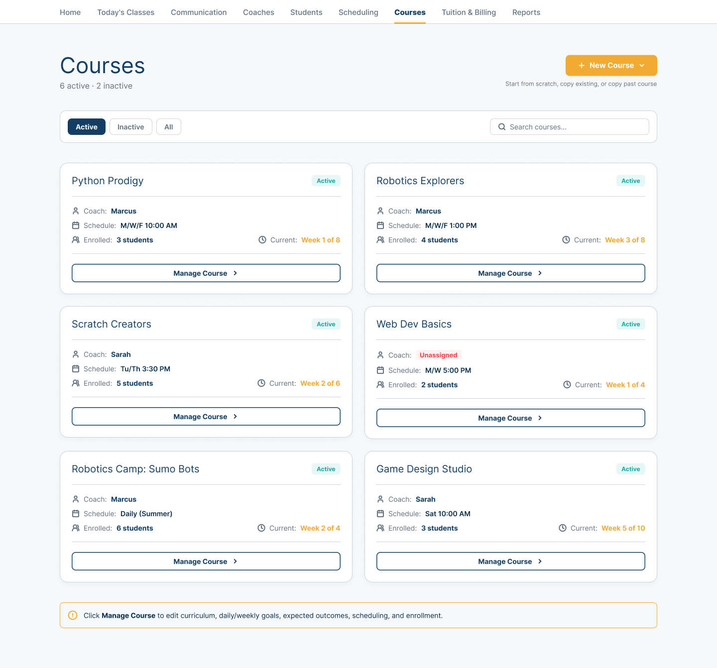 Center Courses view showing active programs with Coach assignment, schedule, enrollment, progression, and course-management access.