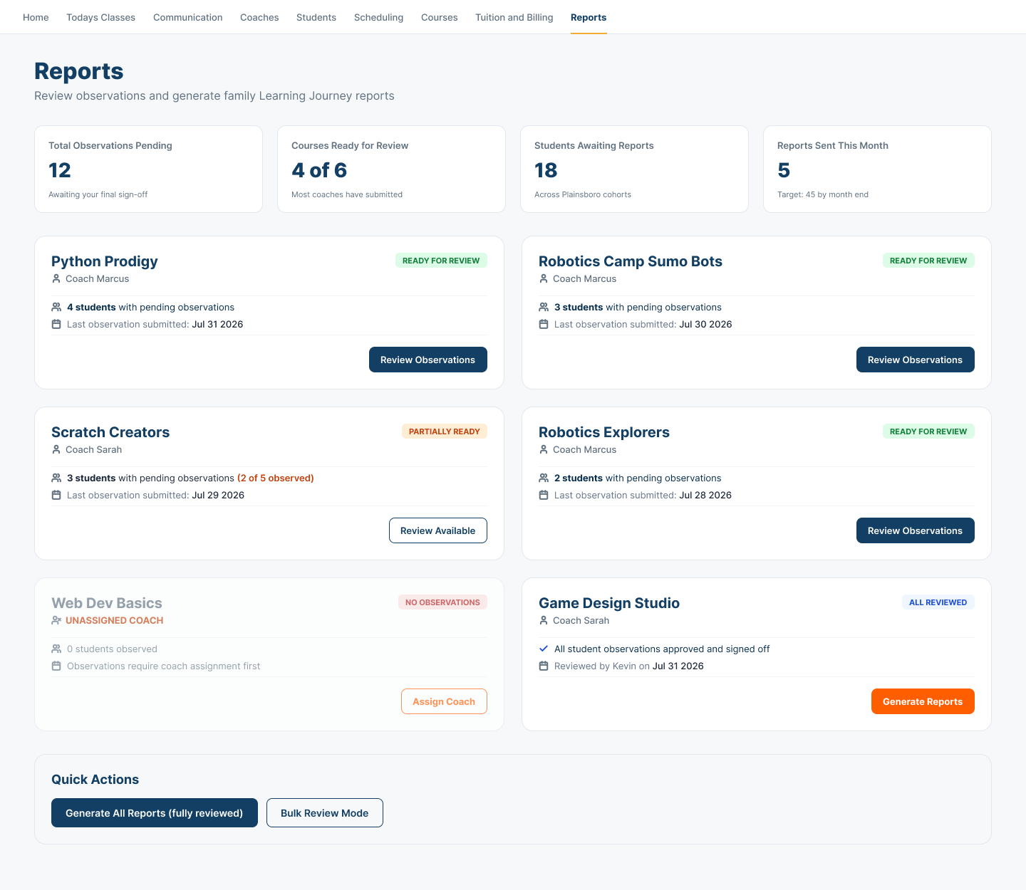 Center Reports overview showing pending observations, courses ready or partially ready for review, missing Coach context, reviewed work, and report actions.