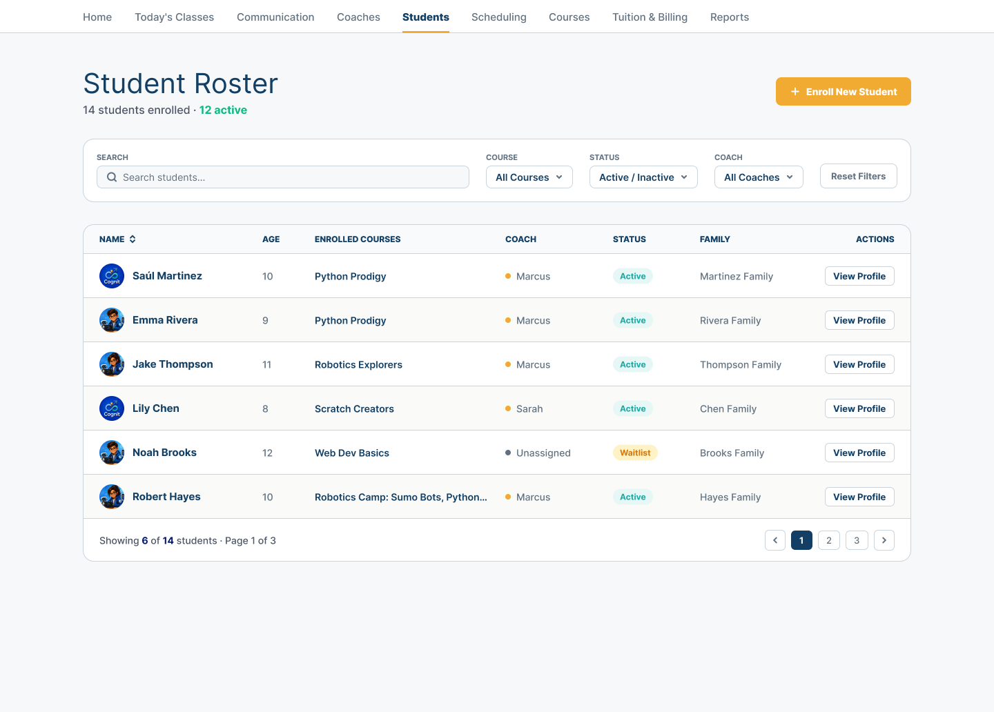 Center Student roster showing enrolled courses, assigned Coach, active or waitlist status, Family relationship, filters, and profile access.