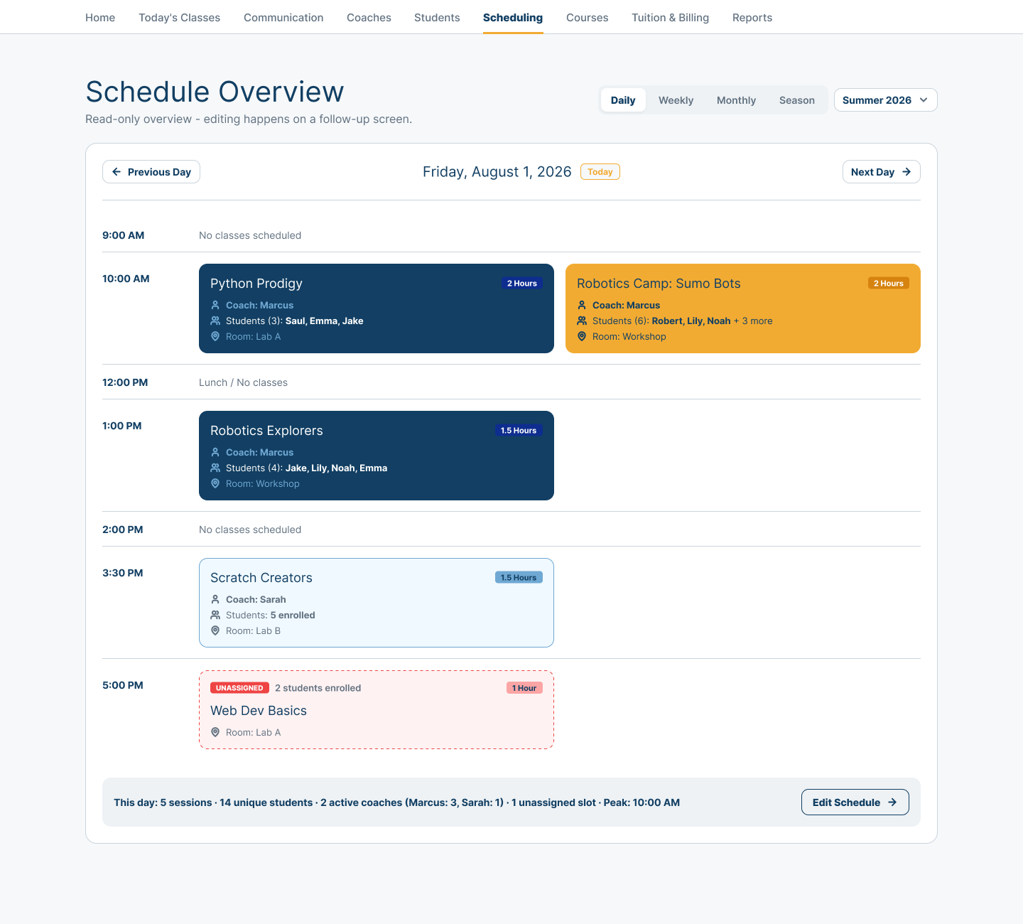 Center daily schedule showing concurrent classes by time, assigned Coaches, Students, rooms, duration, and one unassigned session.
