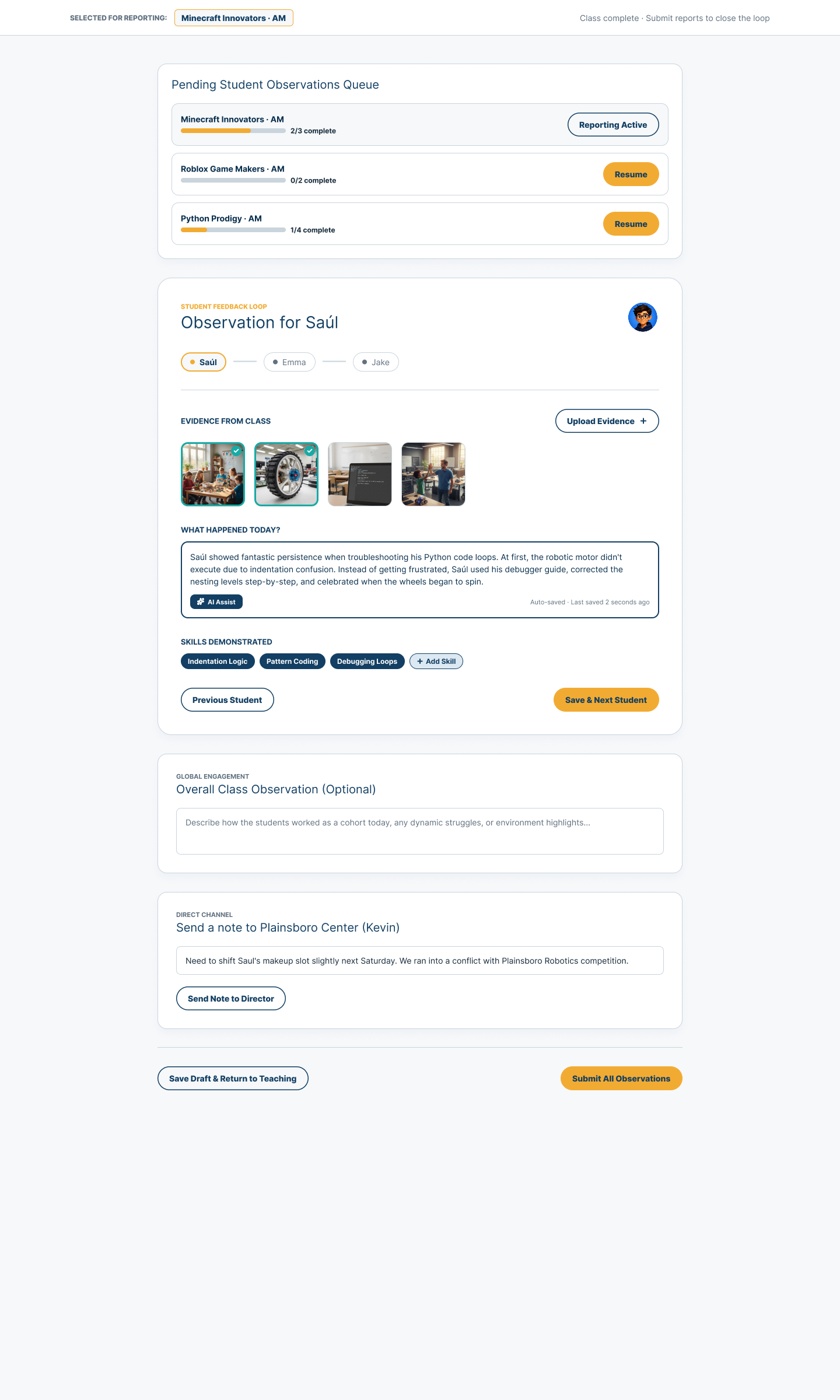 After-class Coach reporting view showing pending observations by class, Student evidence and observation fields, skills, a class-level note, Center communication, and draft and submission actions.