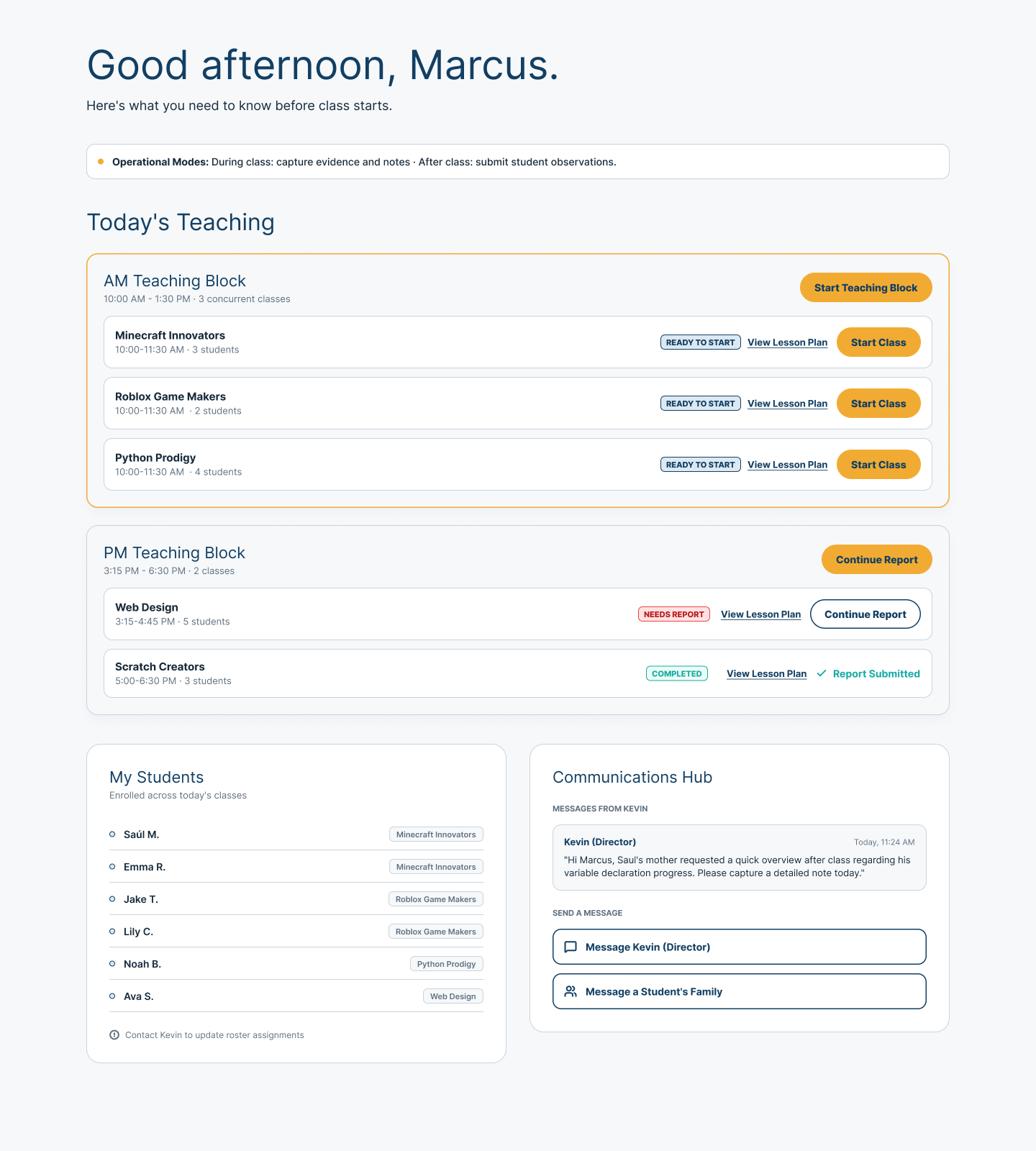 Coach home view showing morning and afternoon teaching blocks, multiple classes, lesson-plan readiness, reporting status, a Student list, and Center communication.