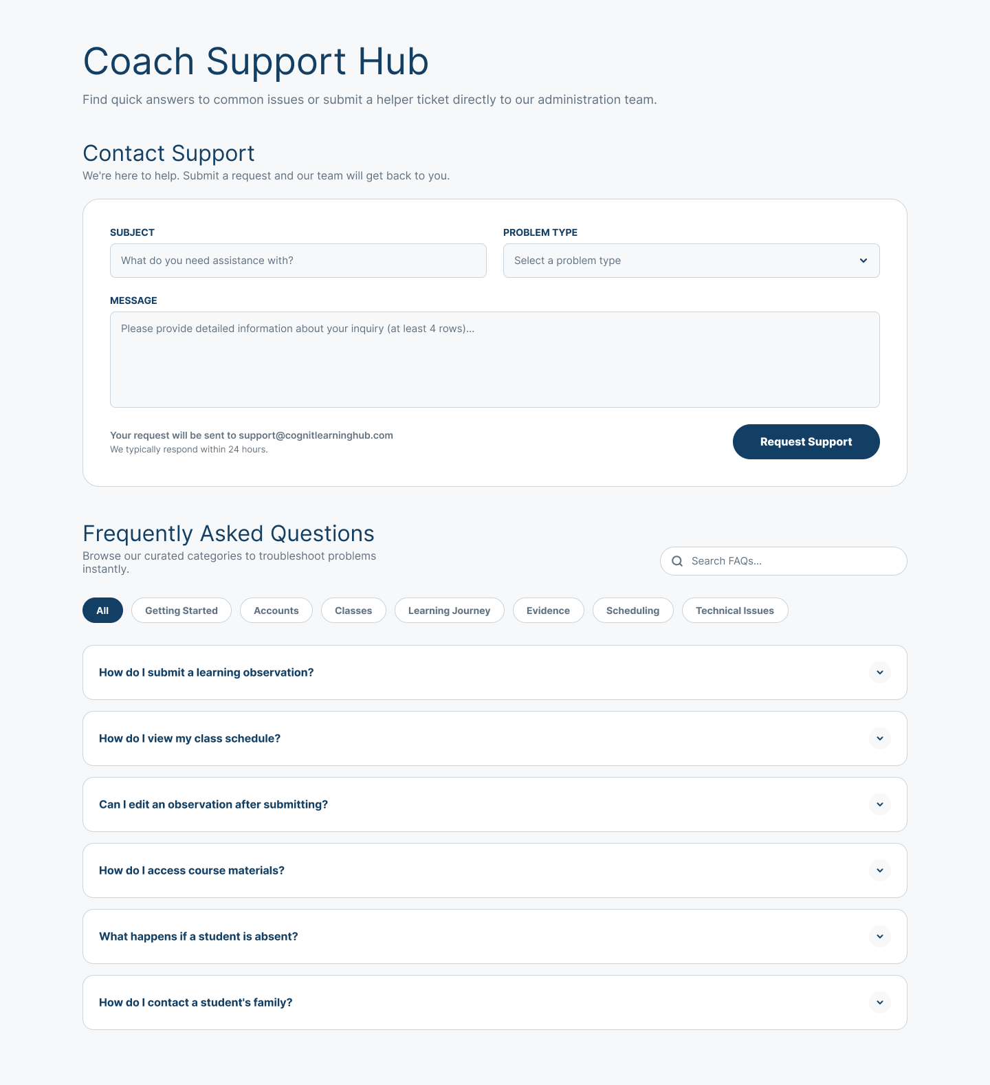 Coach Support Hub showing a categorized support-request form, FAQ search and filters, and expandable answers for common Coach workflow questions.