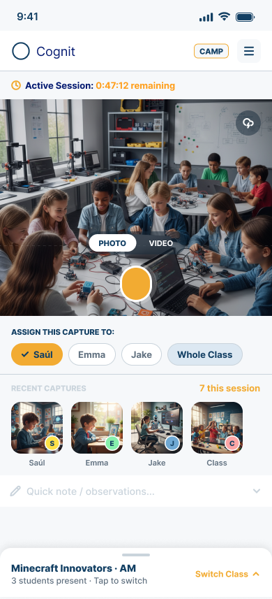 Mobile Coach capture view showing an active session, photo and video controls, Student and whole-class assignment choices, recent captures, quick notes, and a collapsed class switcher.