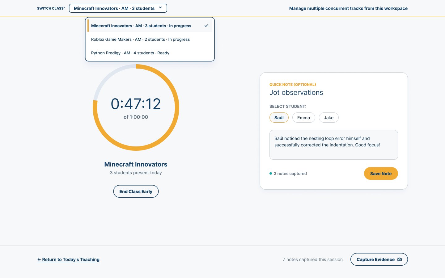 Desktop Coach view during class showing the current class selector, active session timer, Student-specific quick observation, evidence capture, and a return to today’s teaching.