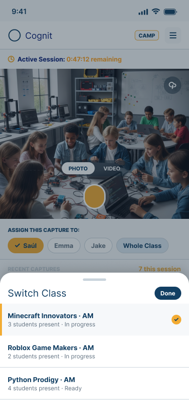 Mobile Coach class selector opened over an active evidence-capture view, with the current class marked and two other classes identified as in progress or ready.