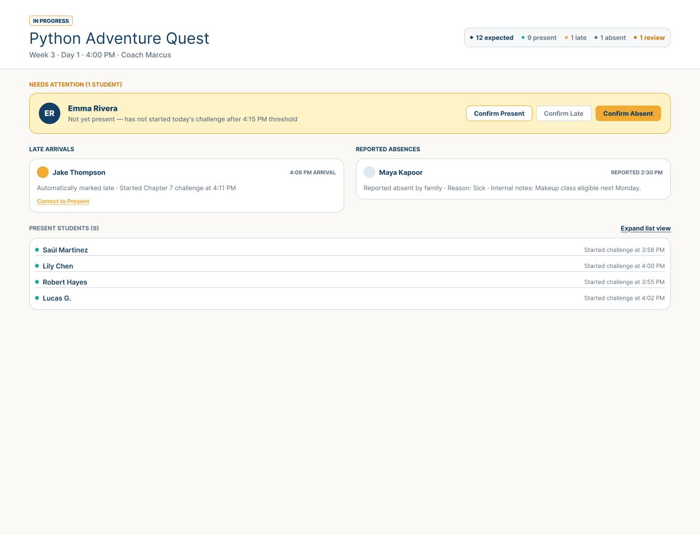 Coach attendance view showing expected, present, late, absent, and review summaries; one Student needing attention; a late arrival; a reported absence; and human correction actions.