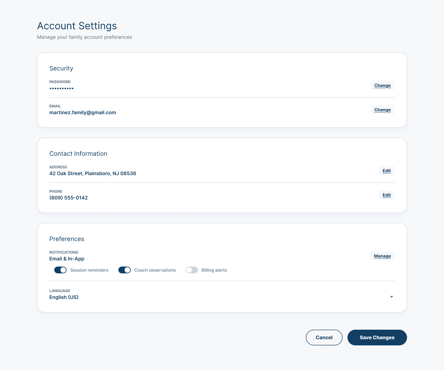 Family account settings showing password and email controls, address and phone details, notification preferences, language, and save and cancel actions.