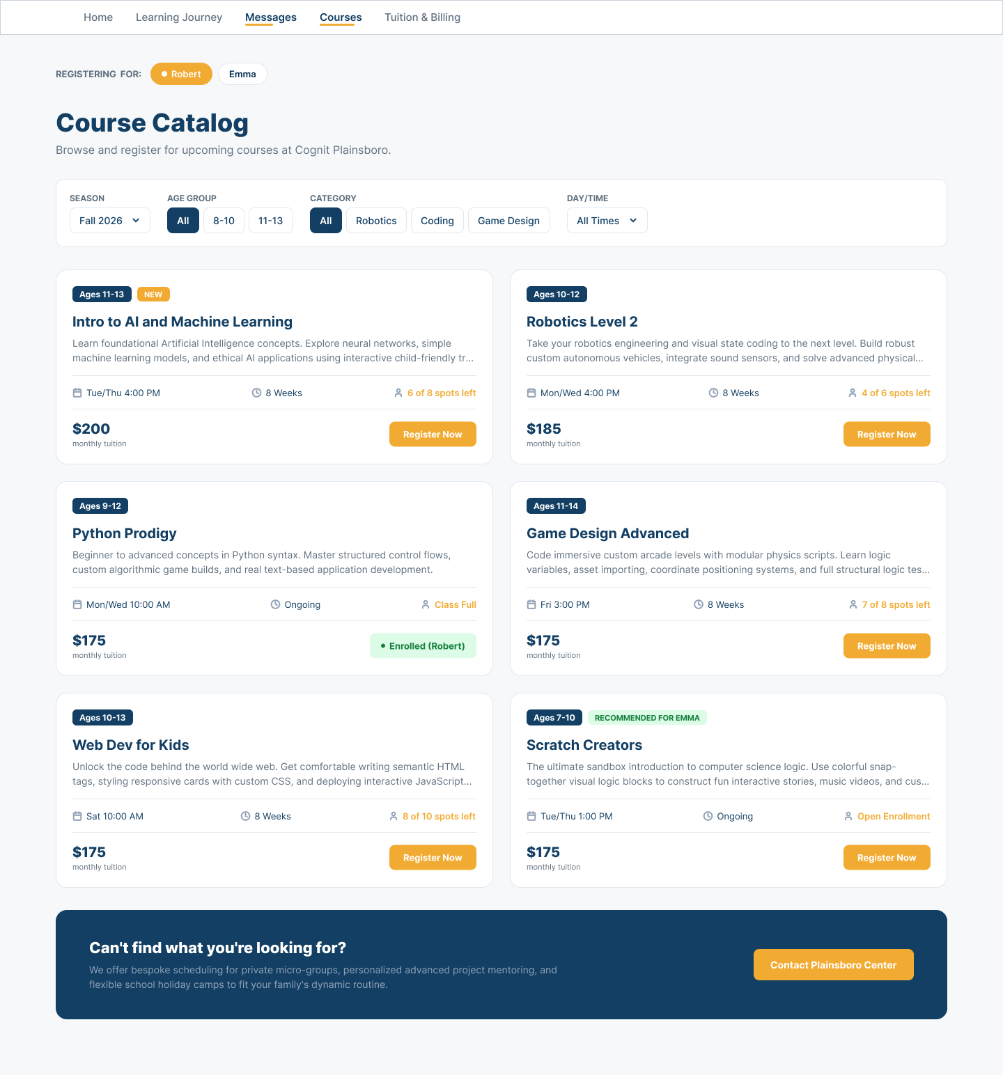 Family course catalog showing a child selector, season, age, category and time filters, and Center course cards with descriptions, schedules, availability, tuition context, and registration actions.