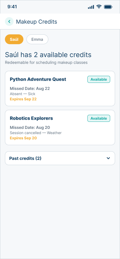 Mobile Family makeup-credit view showing available credits tied to missed sessions, expiration context, and access to past credits.