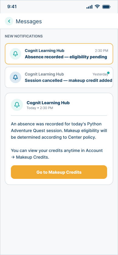 Mobile Family message showing an attendance notification, a recorded absence, policy-dependent makeup eligibility, and a route to makeup credits.