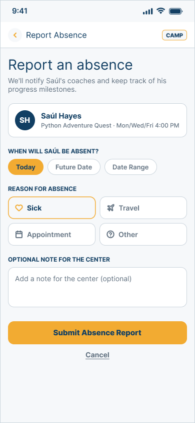 Mobile Family absence form showing a child and class, date choices, policy-neutral reason choices, an optional Center note, and the submission action.
