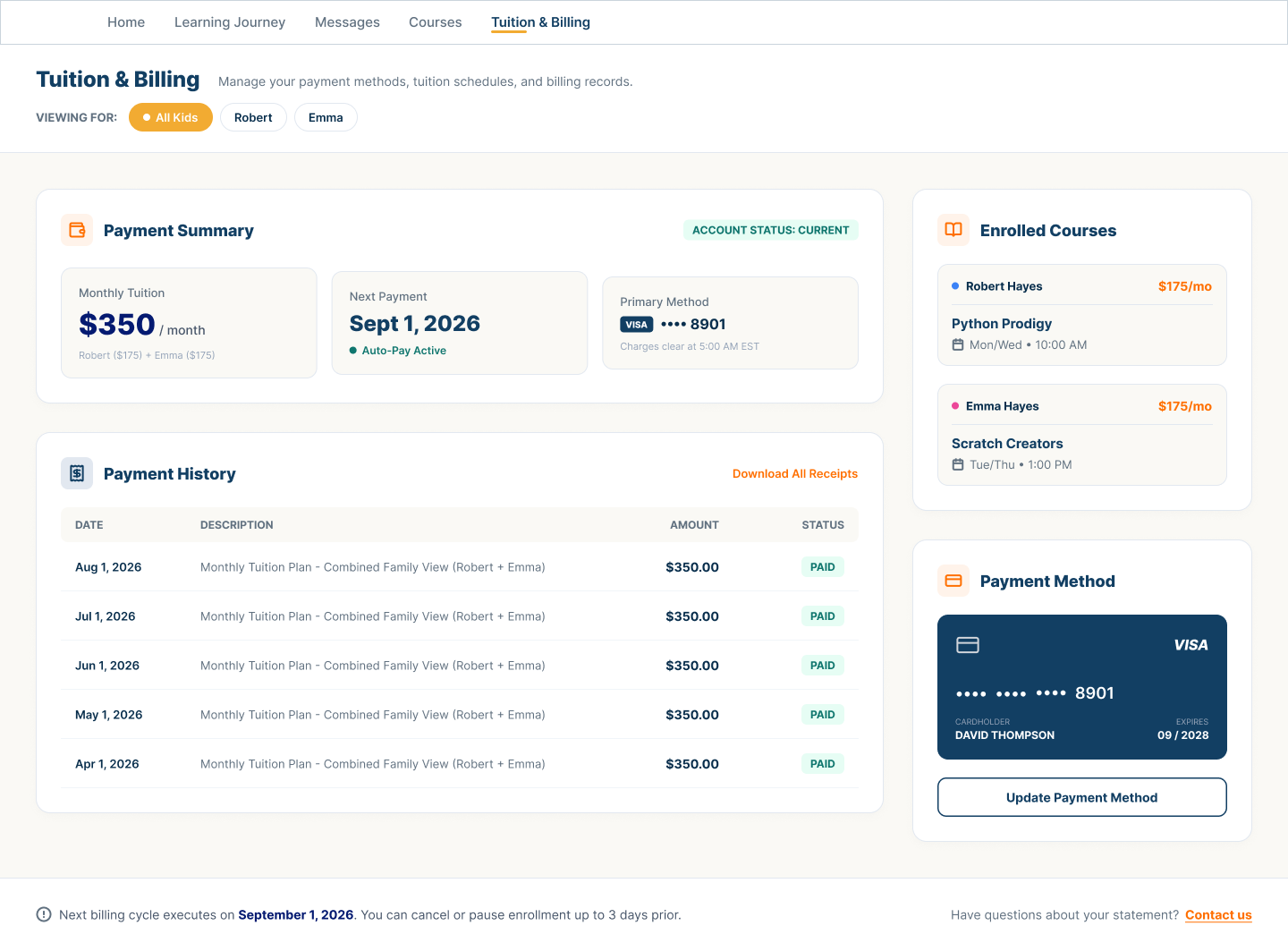 Family tuition and billing view showing a combined payment summary, upcoming payment, payment history, enrolled courses, payment method, and receipt access.