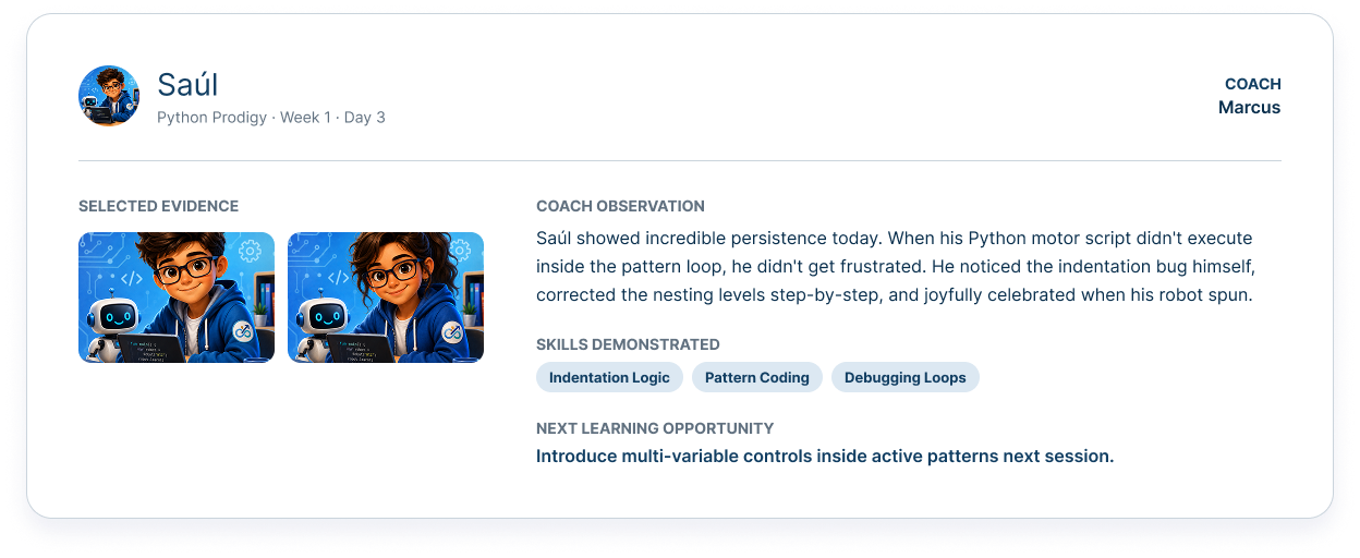 Center review record for Saúl showing selected evidence, the Coach observation, demonstrated skills, and the next learning opportunity.