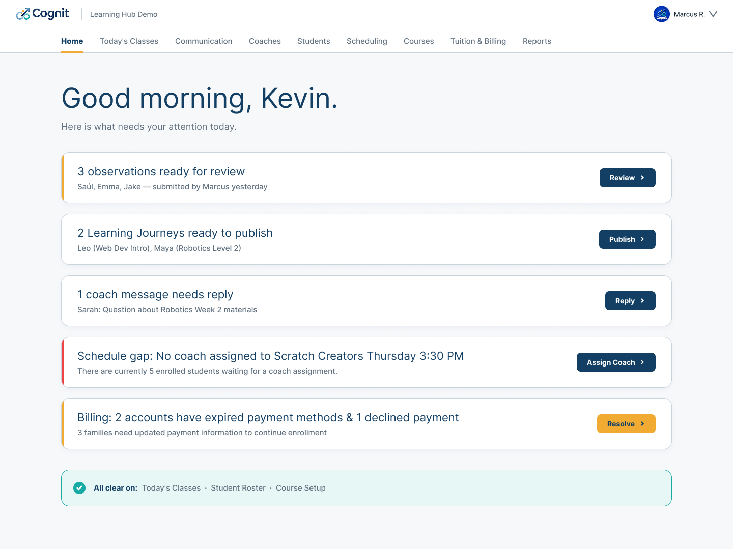 Center dashboard showing the day’s reviews, publishing work, messages, schedule gap, and billing exceptions.
