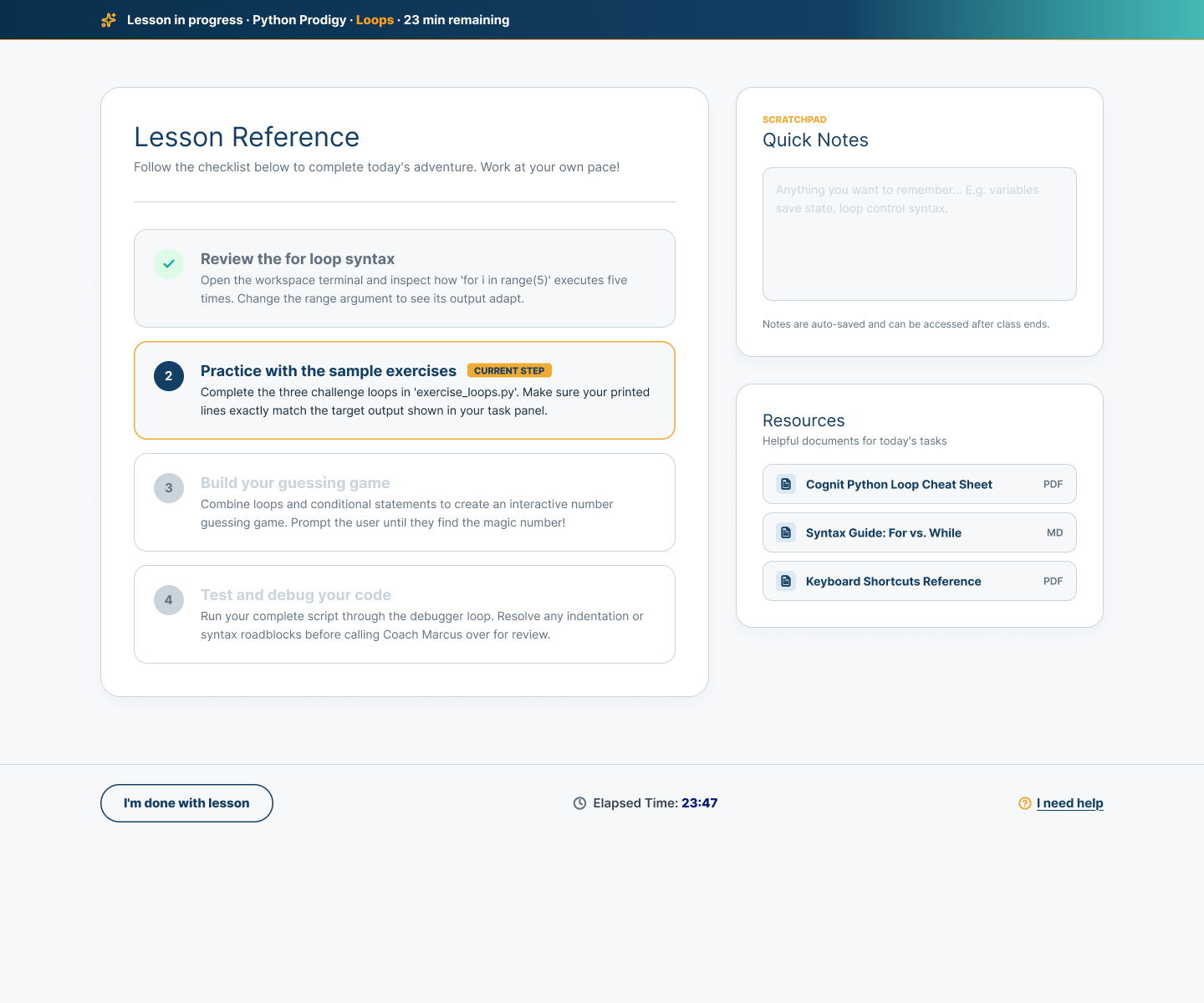Active Student lesson reference showing remaining and elapsed time, completed and current steps, quick notes, lesson resources, a completion action, and a help link.