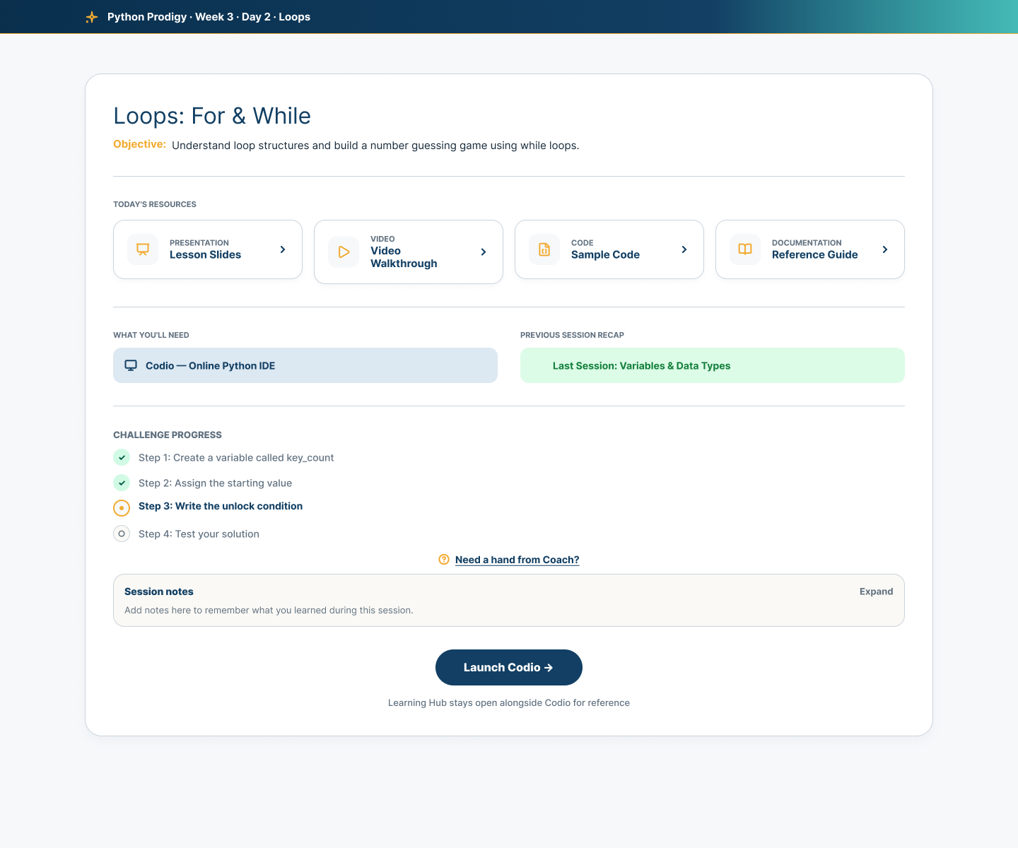 Student lesson view showing a lesson objective, slides, video, sample code and reference resources, the working environment, previous-session recap, challenge progress, notes, Coach help, and launch action.