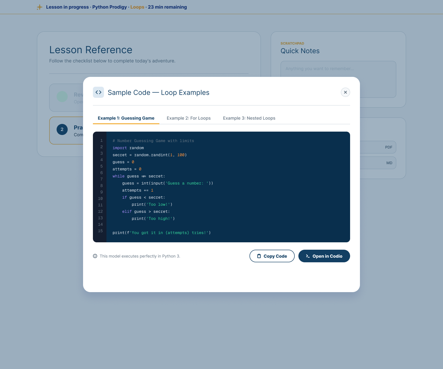 Student sample-code resource opened over the lesson, with multiple example tabs, a readable code reference, and actions to copy the code or open it in the working environment.