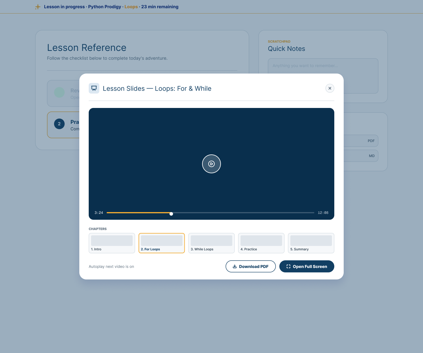 Student lesson-slides resource opened over the lesson, showing video progress, chapter navigation, downloadable material, and a full-screen action.